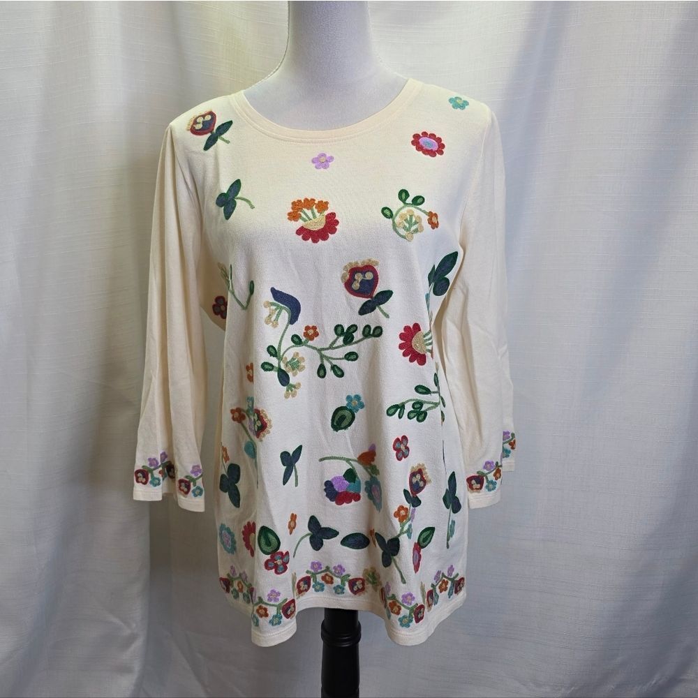 Coldwater Creek Cream Floral Embroidered Cotton Tunic Top Size Small